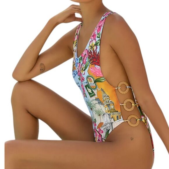 Agua Bendita Tribeca Ventura One-Piece Swimsuit, Scoop Back, Floral, Size Large - Picture 1 of 10